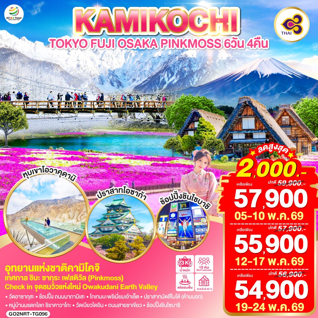 ทัวร์ญี่ปุ่น TOKYO FUJI OSAKA KAMIKOCHI PINKMOSS 6วัน 4คืน (TG)